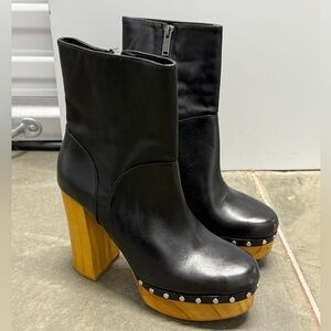 Zara Platform Boots Women size 8.5 (39) Black Leather Stud Wood High Heels